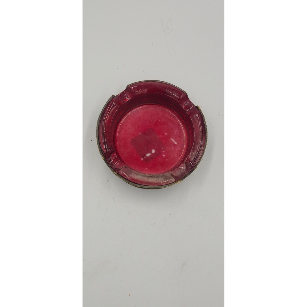Vtg Mid Century Bohemian Ruby Red Glass Ashtray Gold Ornate Filigree Rim - Picture 5 of 8